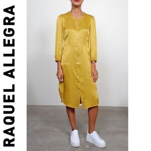 RAQUEL ALLEGRA Pebble Satin Puff Sleeve Shirt Dress Gold Yellow Button Front 1